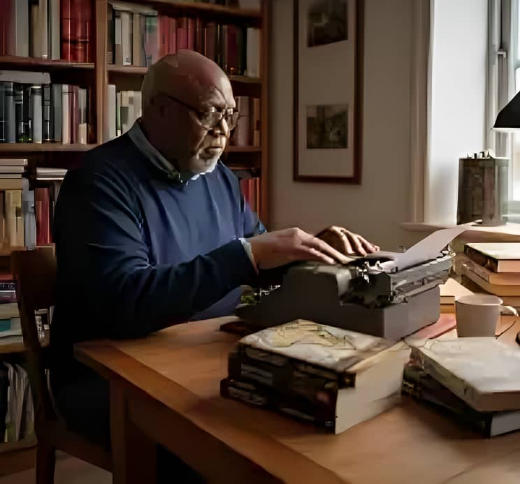 Edmund Spencer Katso writing at a typewriter in his book-lined study
